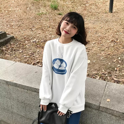 Dumpling Ramen Food Cartoon Print Loose Oversized Long Sleeve Sweatshirt Sweater Pullover Causal E-Girl Kawaii Korean Japanese Harajuku Streetwear