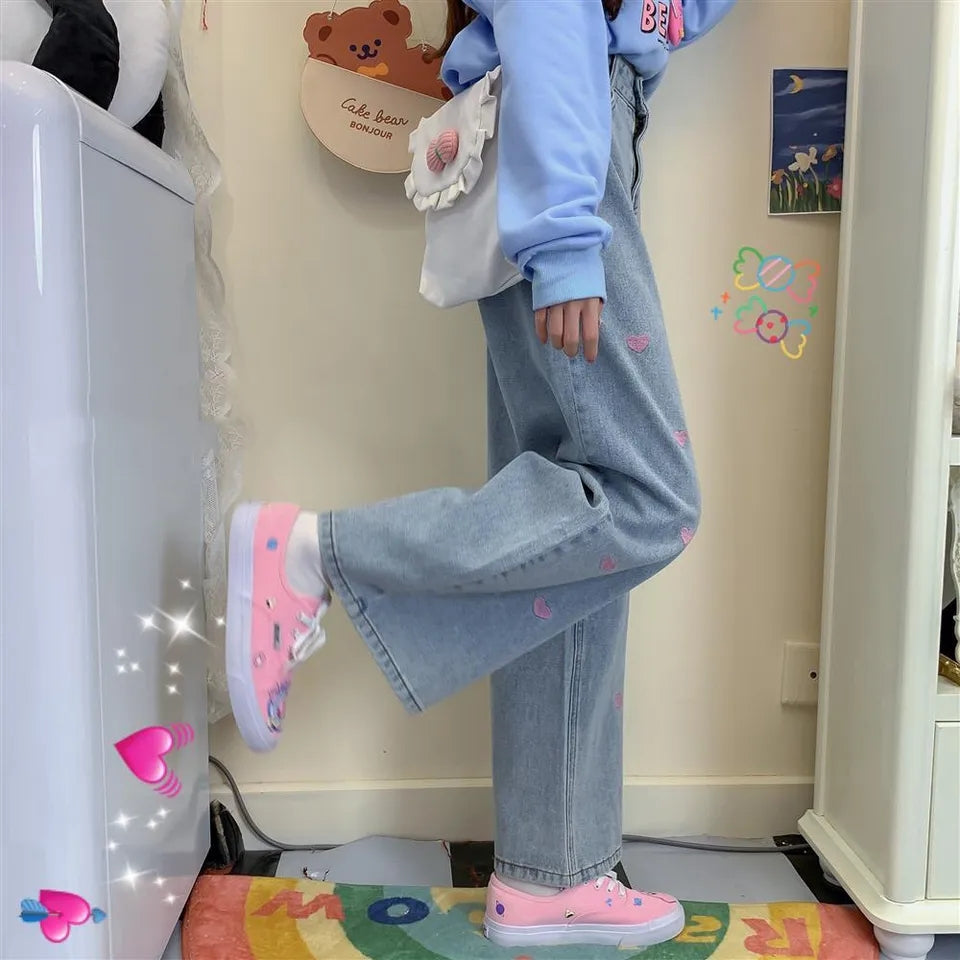 Pink Heart Embroidery Denim Jeans