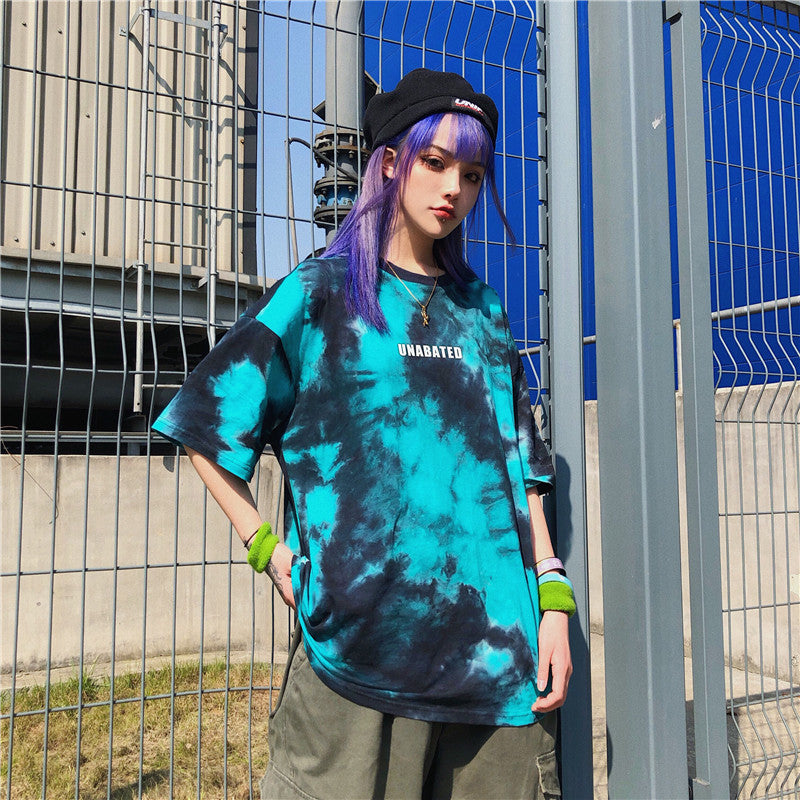 Cute Tie Dyed Hip Hop Casual Punk Goth Loose Oversized Short Sleeve Shirt Tee T-shirt E-Girl Kawaii Korean Japanese Harajuku Chinese Retro Streetwear
