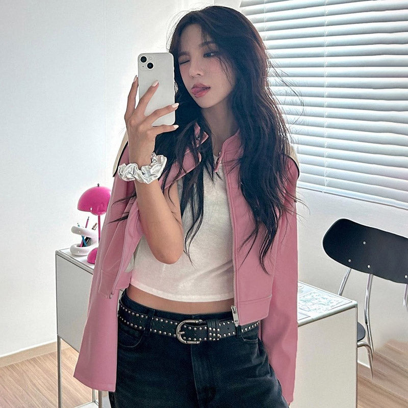 Pink PU Leather Retro Motorbike Jacket
