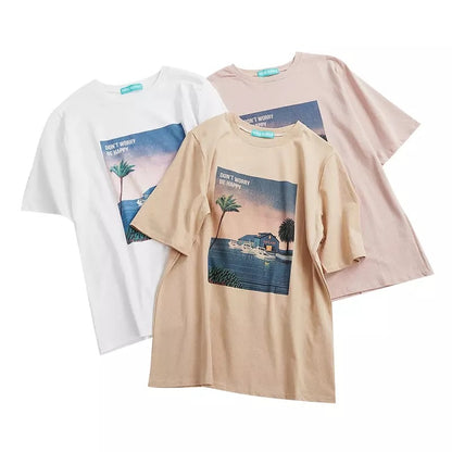 Cute Vintage Pastel Summer Beach Art Print Short Sleeve Tee Shirt T-shirt Top Oversized Loose Causal E-Girl Kawaii Korean Japanese Harajuku Streetwear