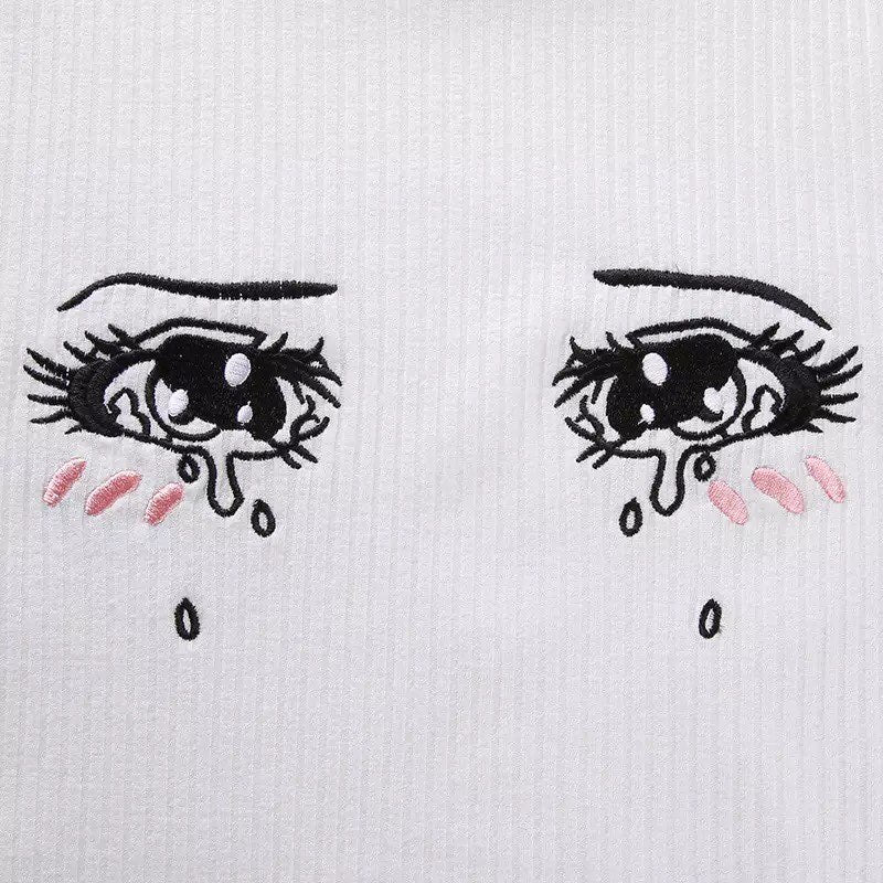 Cute Anime Girl Crying Eye Embroidery White Ribbed Crop Top Short Sleeve Shirt T-shirt Summer Casual E-Girl Kawaii Korean Japanese Harajuku Streetwear