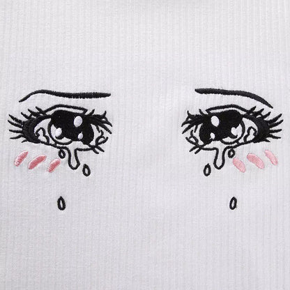 Cute Anime Girl Crying Eye Embroidery White Ribbed Crop Top Short Sleeve Shirt T-shirt Summer Casual E-Girl Kawaii Korean Japanese Harajuku Streetwear