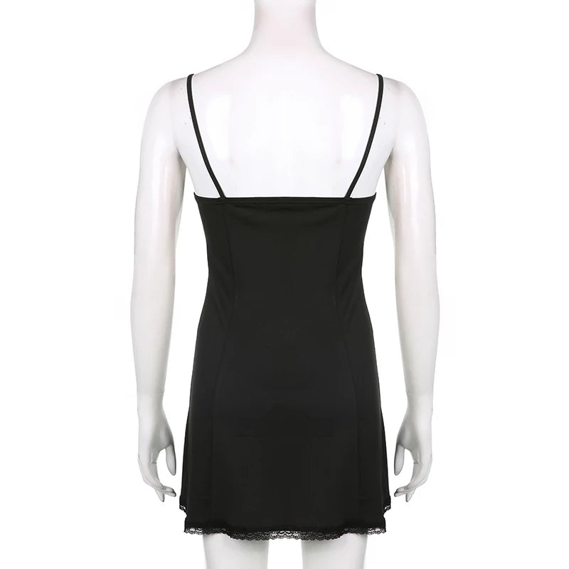 Cute Sexy Black Lace Bow Patchwork Retro Mini Dress Party Club Summer Aesthetic Casual E-Girl Kawaii Korean Japanese Harajuku