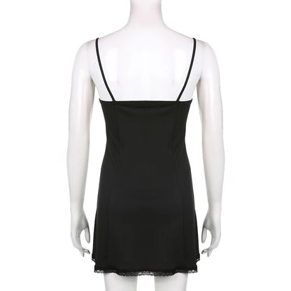 Cute Sexy Black Lace Bow Patchwork Retro Mini Dress Party Club Summer Aesthetic Casual E-Girl Kawaii Korean Japanese Harajuku