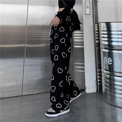 Black Heart Print High Waist Pants