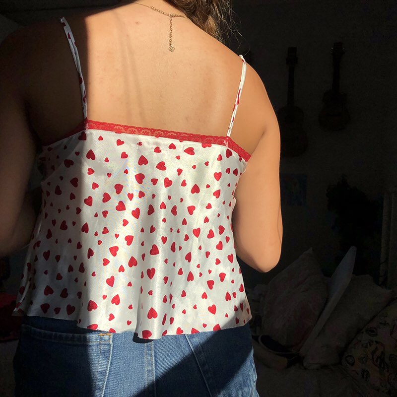 Cute Sexy Heart Print V Neck Lace Edge Crop Top Camisole Shirt Club Party Summer Casual E-Girl Kawaii Korean Japanese Harajuku Streetwear
