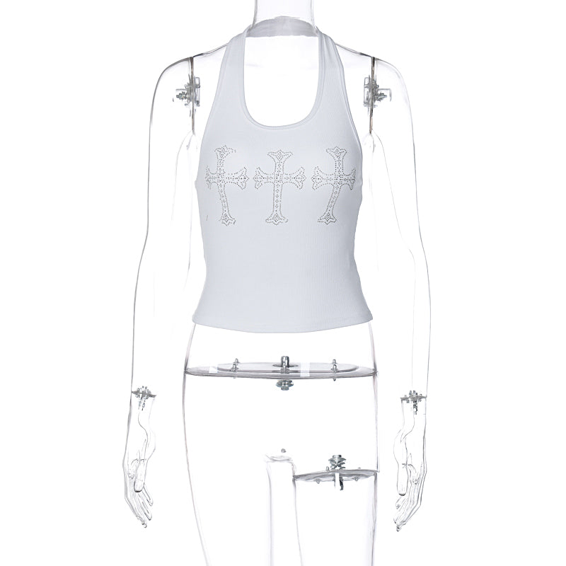 White Cross Rhinestone Halter Top