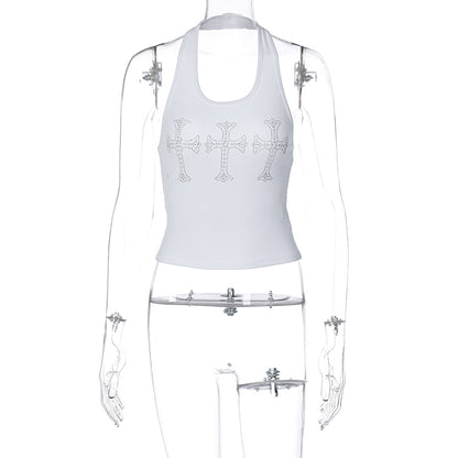 White Cross Rhinestone Halter Top