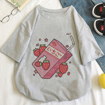 Cute Pink Strawberry Juice Box Graphic Cartoon Print Loose Short Sleeve Short T-shirt Top Casual E-Girl Kawaii Korean Japanese Harajuku Streetwear