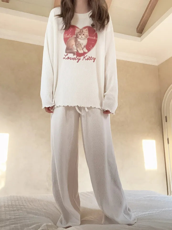 Cat Heart Print Ribbed Long Sleeve Shirt