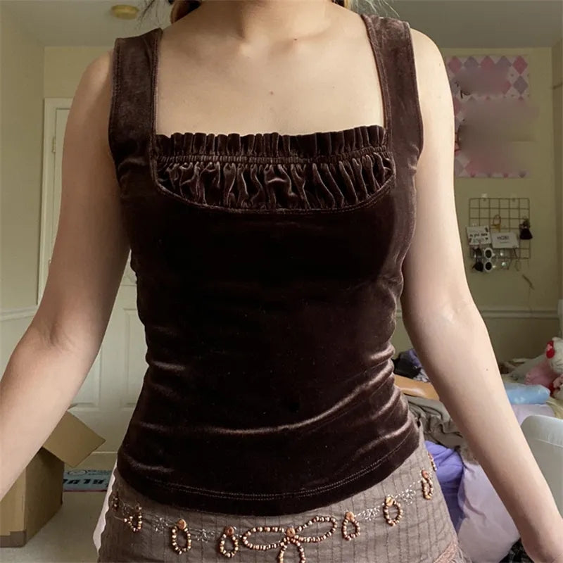 Brown Velvet Patchwork Tank Top