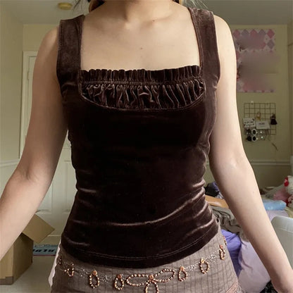 Brown Velvet Patchwork Tank Top