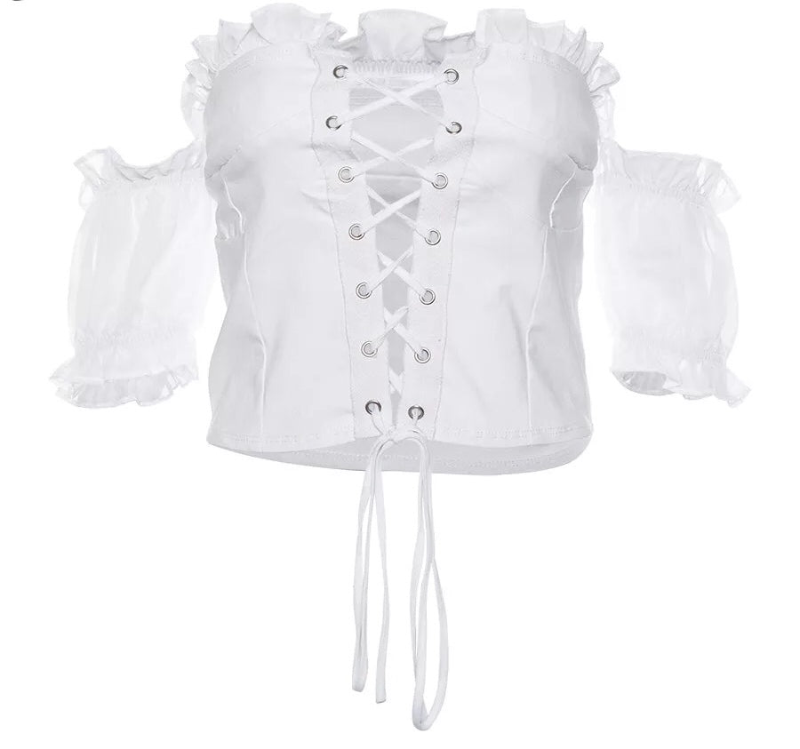 Cute Sexy Lace Up Ruffle Crop Top Short Sleeve Shirt T-shirt Tee Top Kawaii Korean Japanese Harajuku Chinese Retro Streetwear Aesthetic Fashion