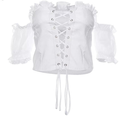 Cute Sexy Lace Up Ruffle Crop Top Short Sleeve Shirt T-shirt Tee Top Kawaii Korean Japanese Harajuku Chinese Retro Streetwear Aesthetic Fashion