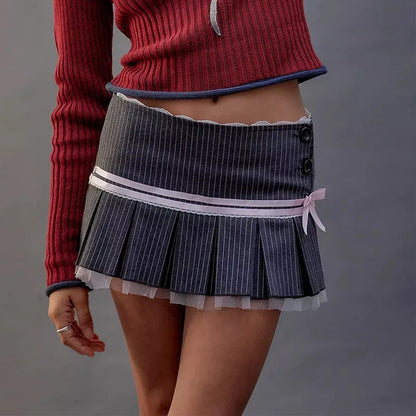 Pink Bow Stripe Fold Lace Up High Waist Skirt
