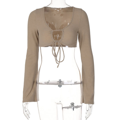 Brown Ruched Bandage Flare Crop Top