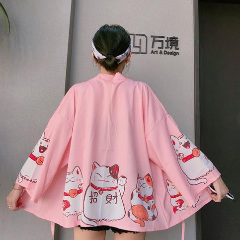 Pink Cat Blouse Kimono Cardigan Cartoon Print Loose Blouse Long Sleeve Shirt T-shirt Top E-Girl Kawaii Korean Japanese Harajuku Streetwear