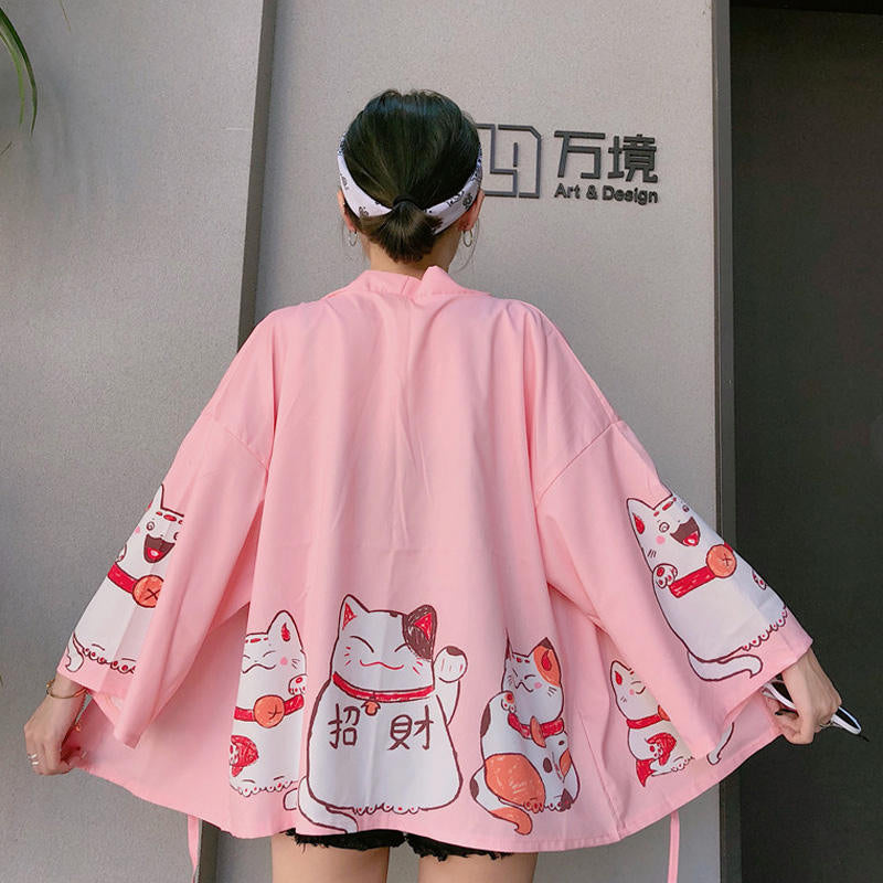 Pink Cat Blouse Kimono Cardigan Cartoon Print Loose Blouse Long Sleeve Shirt T-shirt Top E-Girl Kawaii Korean Japanese Harajuku Streetwear