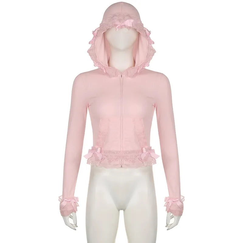 Pink Lace Ruffle Hem Cropped Zipper Hoodie