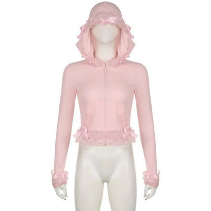 Pink Lace Ruffle Hem Cropped Zipper Hoodie