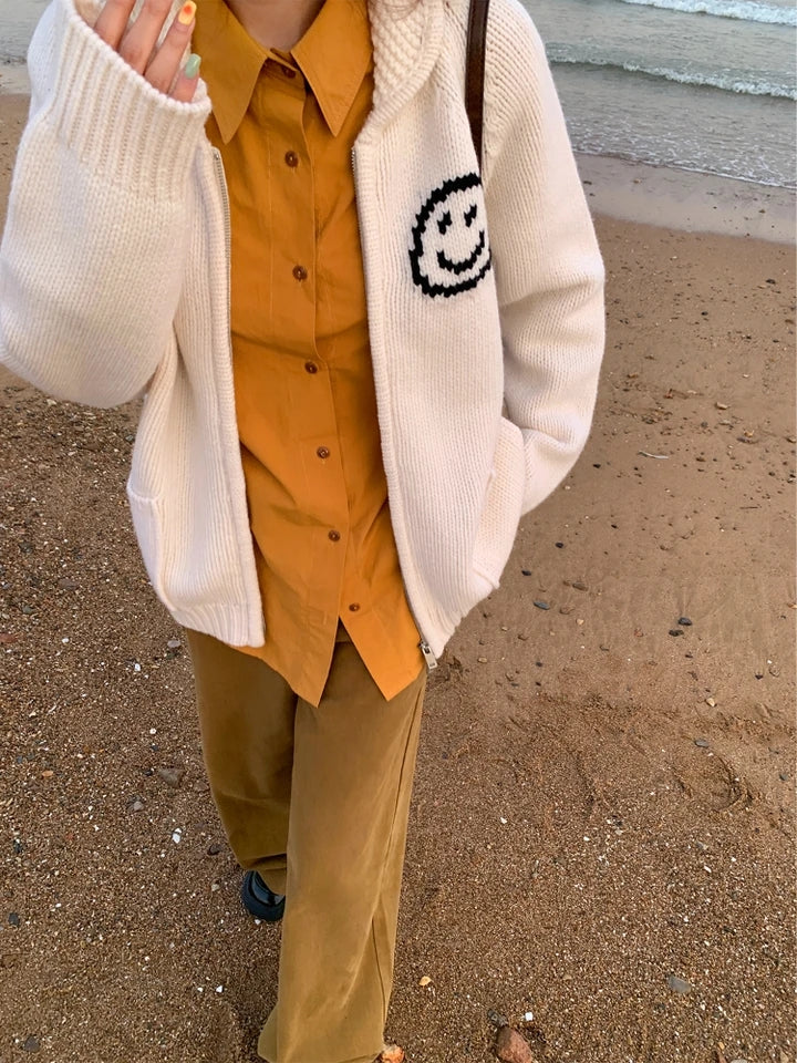 Smiley Face Loose Zipper Sweater