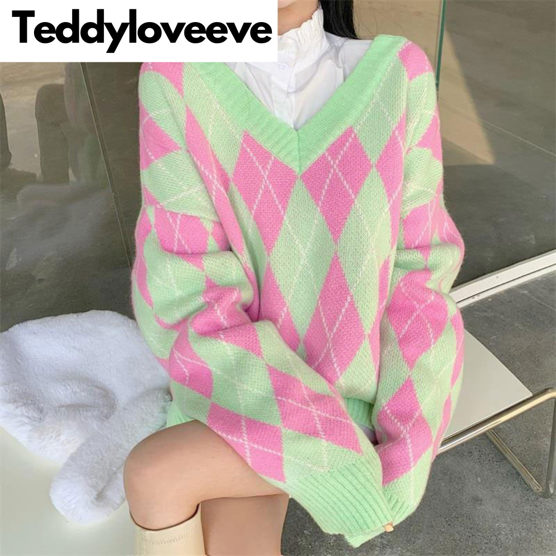 Green & Pink Lattice V Neck Sweater