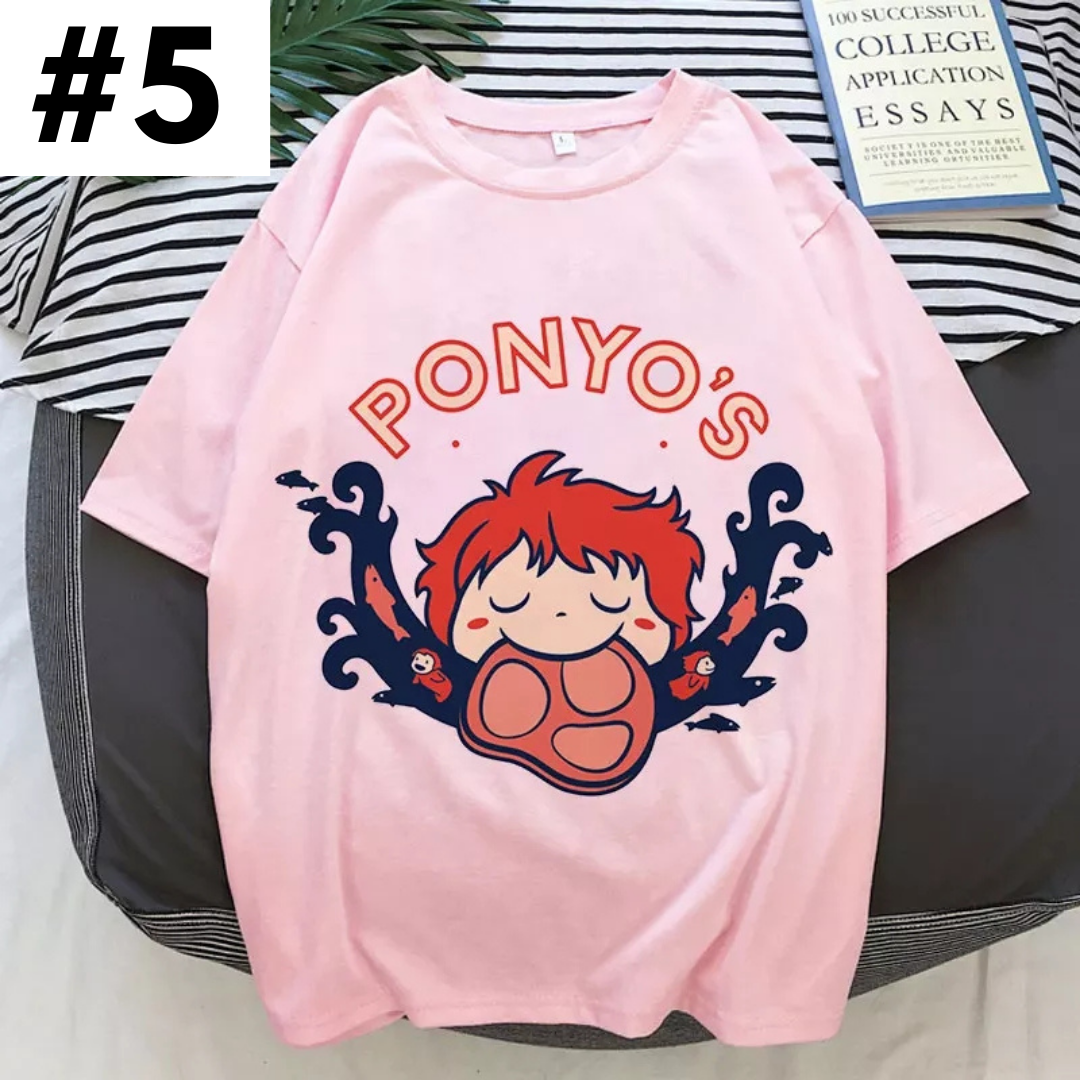 Cute Pink Ponyo Anime Cartoon Print Graphic Short Sleeve Shirt Top Summer Aesthetic Casual E-Girl Kawaii Korean Japanese Harajuku