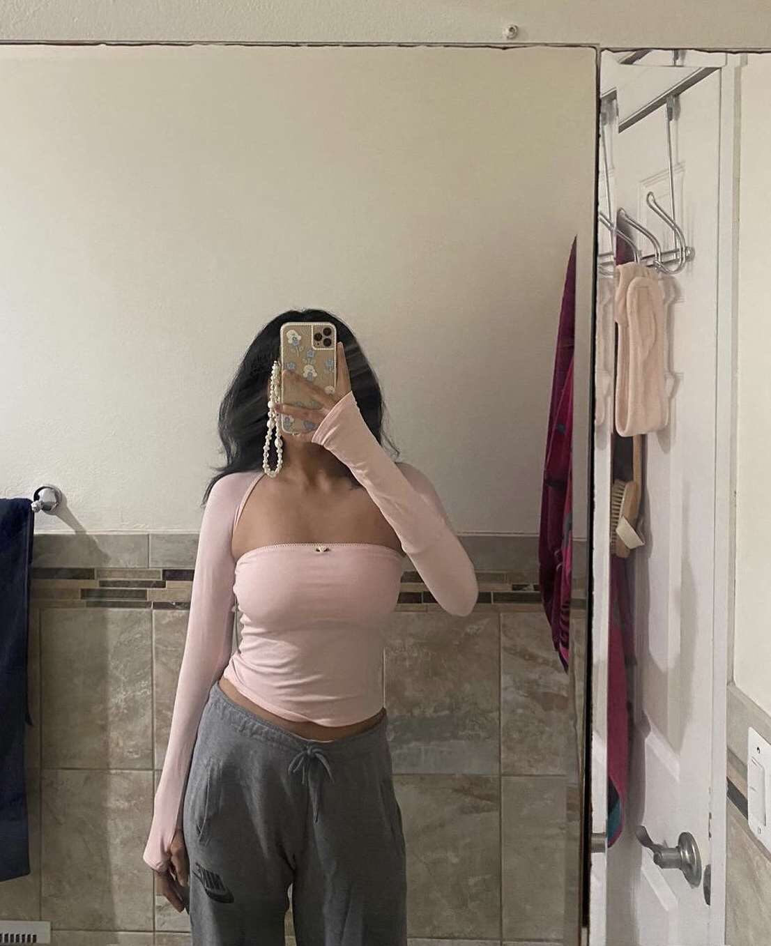 2PCS Pink Tube Top + Long Sleeve Cropped Shawl