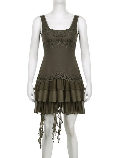 Green Ruffle Irregular Lace Dress