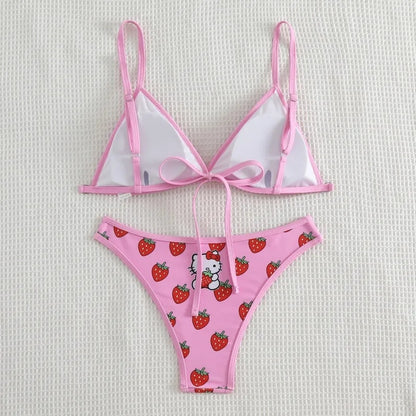 2PCS Pink Strawberry Japanese Cat Bikini Set