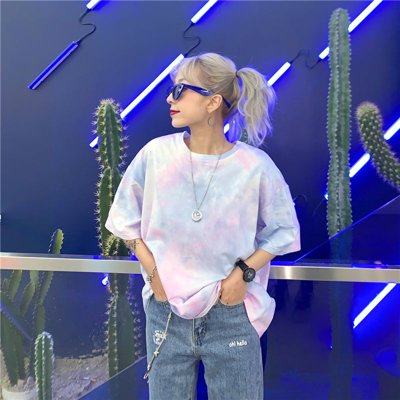 Cute Tie Dyed Hip Hop Casual Punk Goth Loose Oversized Short Sleeve Shirt Tee T-shirt E-Girl Kawaii Korean Japanese Harajuku Chinese Retro Streetwear