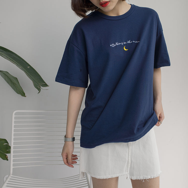 Cute Cresent Moon Sky Print Embroidery Shirt T-shirt Tee Top Kawaii Korean Japanese Harajuku Chinese Retro Streetwear Aesthetic Fashion