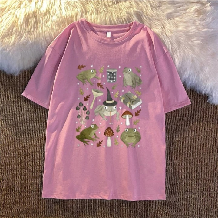 Cute Frog Magic Mushroom Witchcraft Print Short Sleeve T- Shirt Top Aesthetic Casual Summer E-Girl Kawaii Korean Japanese Harajuku