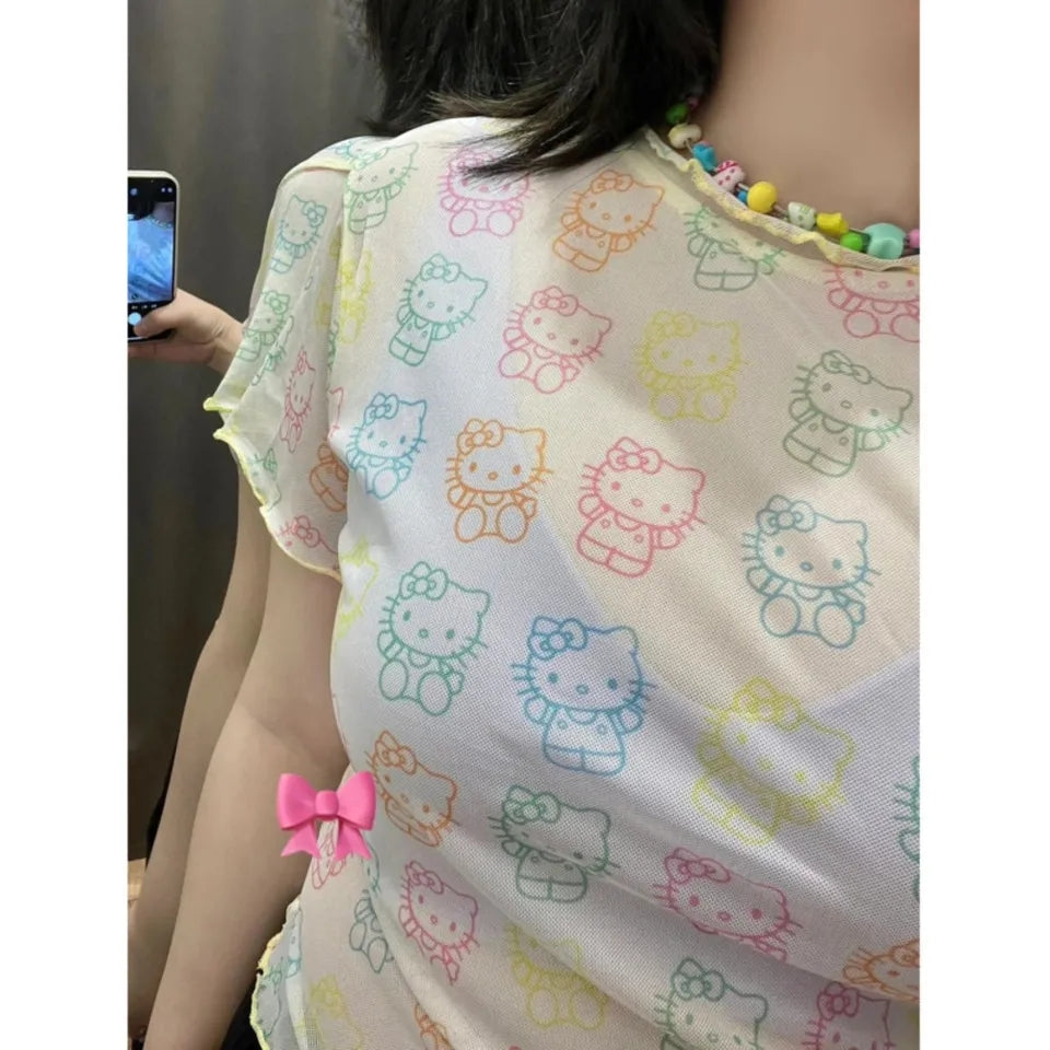 Japanese Cat Rainbow Transparent Mesh Top