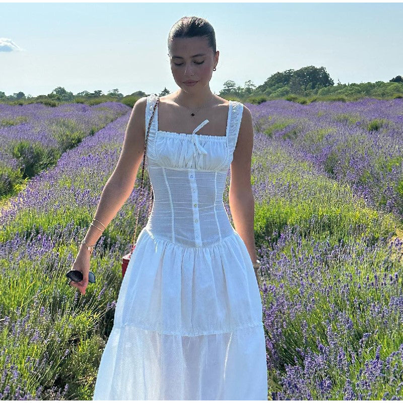 White Pleated Lace Up Square Collar Ruffle Maxi Dress