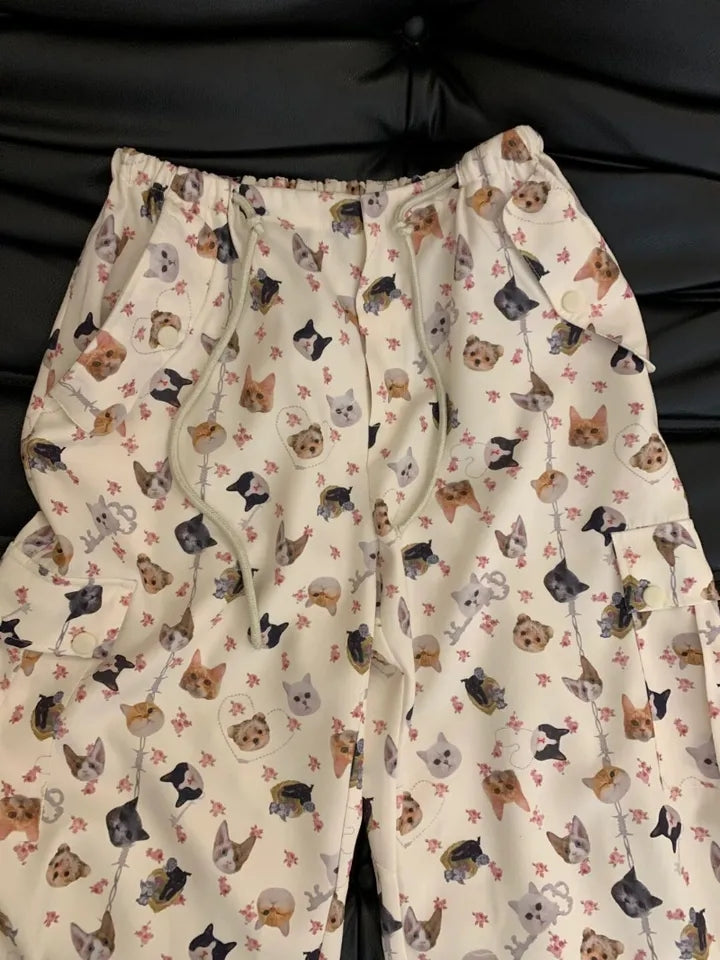 Cat Dog Animal Print Wide Leg Cargo Pants