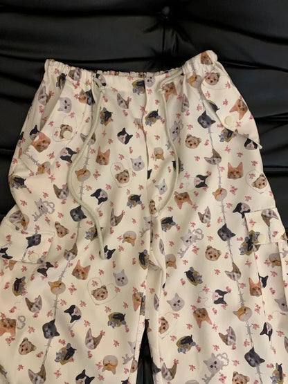 Cat Dog Animal Print Wide Leg Cargo Pants