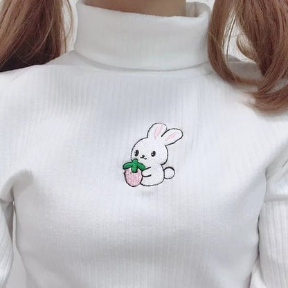Cute Rabbit Animal Embroidery Knit Turtleneck Sweater Sweatshirt Pullover Long Sleeve Shirt E-Girl Kawaii Korean Japanese Harajuku Streetwear