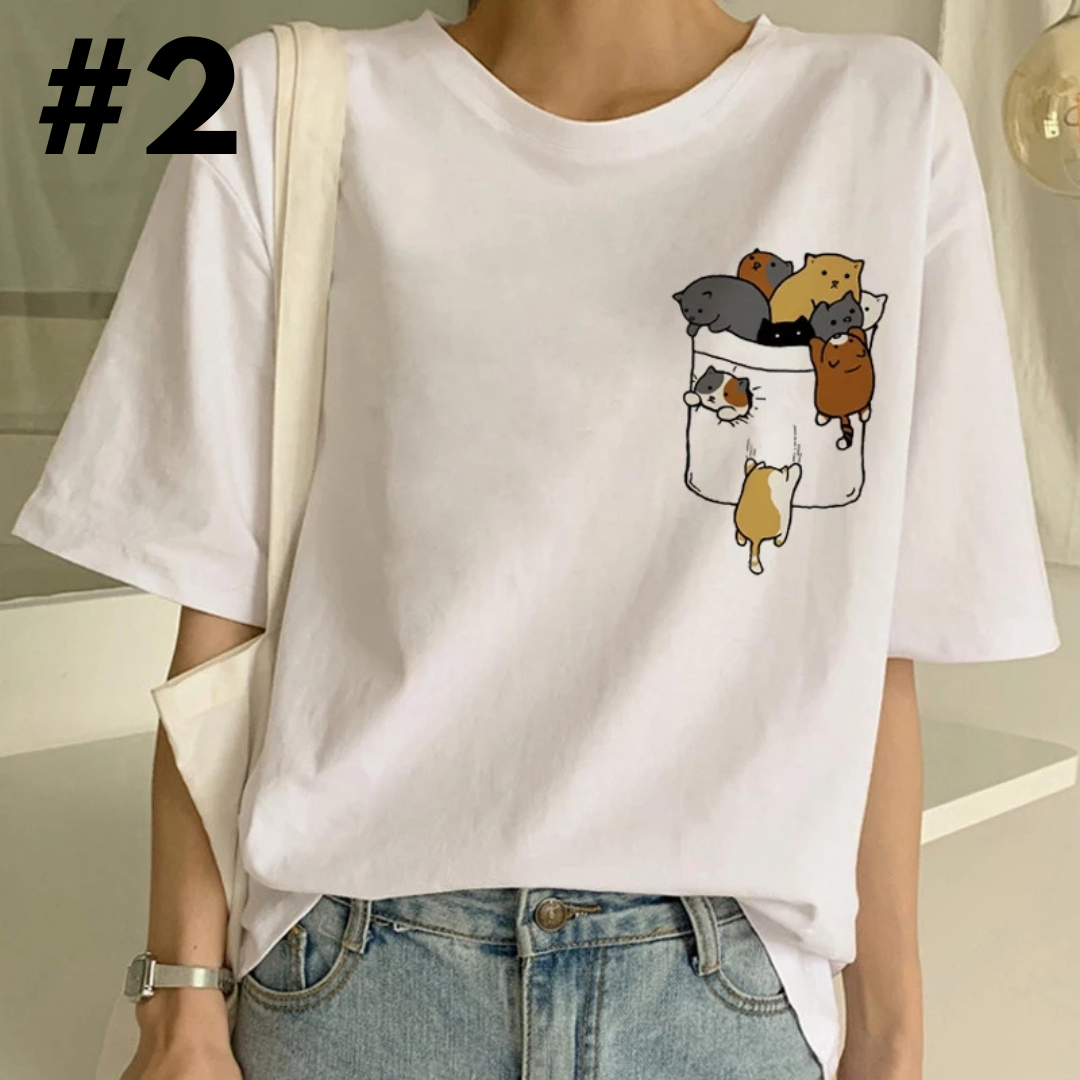 Cute Cat Starry Night Powerline Print Short Sleeve T-shirt Vintage Aesthetic Casual E-Girl Kawaii Korean Japanese Harajuku