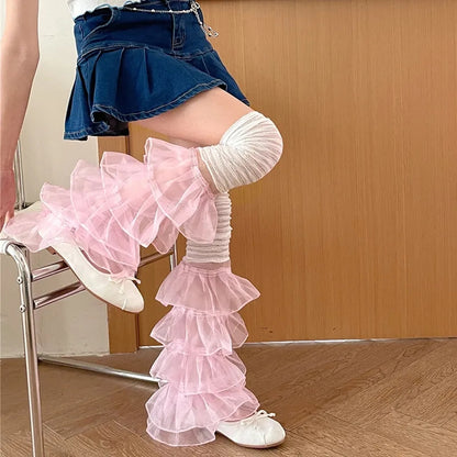 Layered Mesh Ruffle Thigh High Leg Warmers
