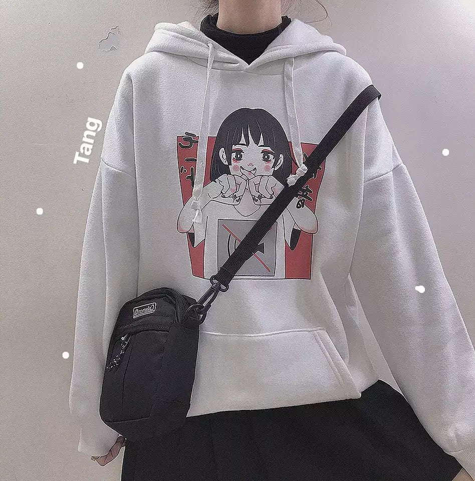 Anime Girl Cartoon Print Graphic White long Sleeve Hoodie Sweater Sweatshirt Pullover Top E-Girl Kawaii Korean Japanese Harajuku Streetwear