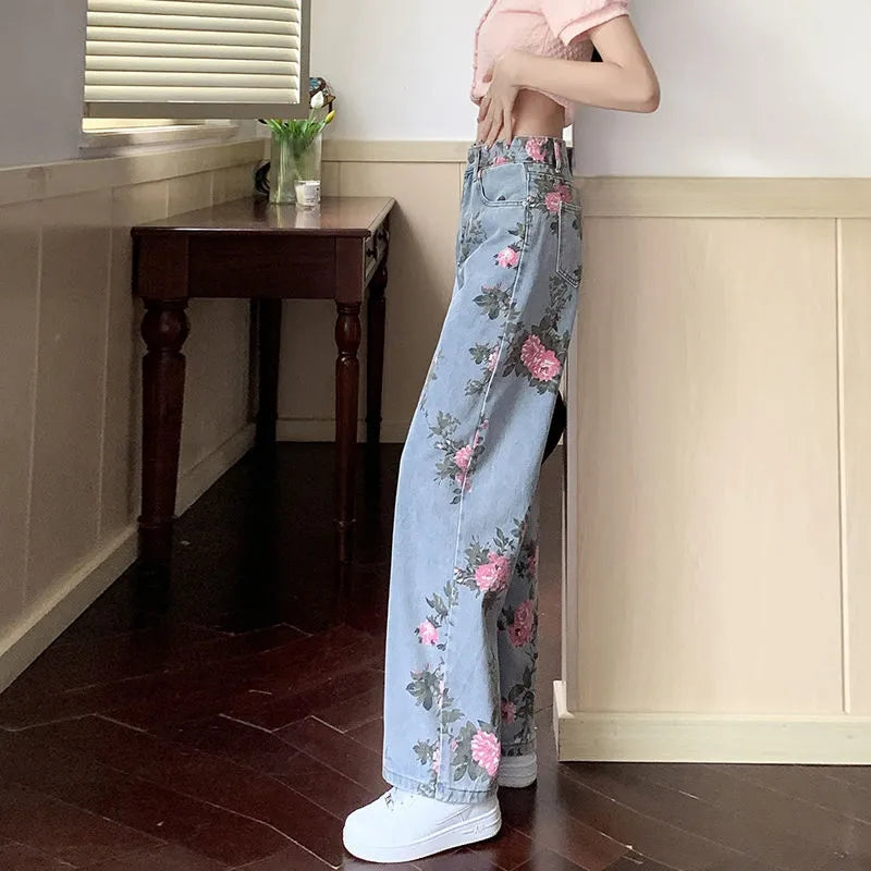 Flower Print Blue Denim Jeans