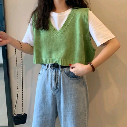 Green V Neck Knit Sweater Vest
