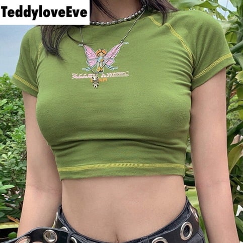 Cute Butterfly Graphic Letter Green Crop Top Short Sleeve Shirt Tee T-shirt E-Girl Kawaii Korean Japanese Harajuku Chinese Retro Streetwear Aesthetic