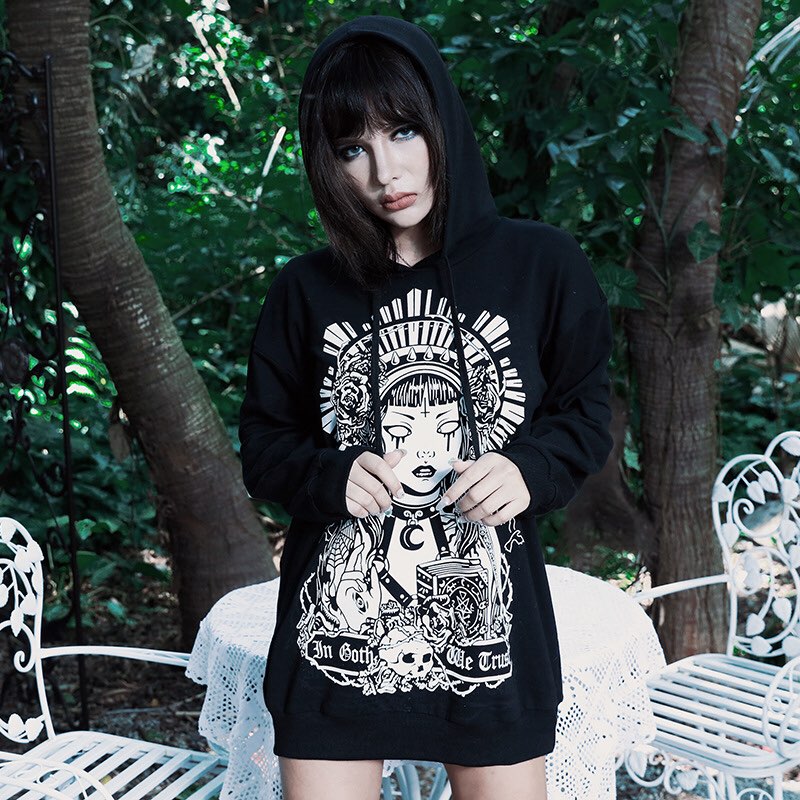 Cute Black Witch Anime Girl Cartoon Print Hoodie Sweater Sweatshirt Pullover Shirt Goth Punk E-Girl Kawaii Korean Japanese Harajuku Streetwear
