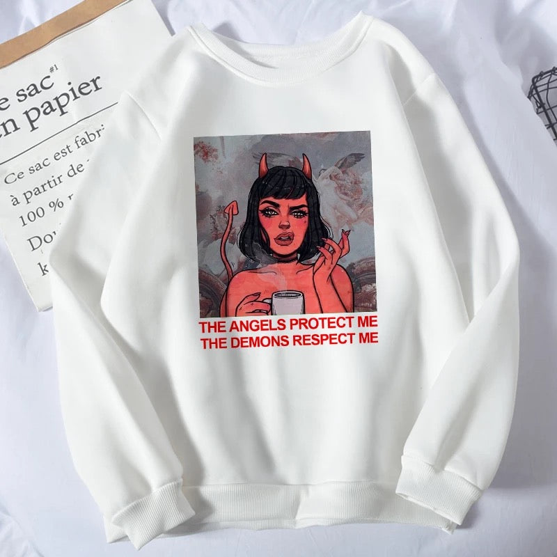 Cute Angel Demon Girl Print Sweater Pullover Hoodie Long Sleeve Top Shirt Sweatshirt E-Girl Kawaii Korean Japanese Harajuku Retro Streetwear Aesthetic