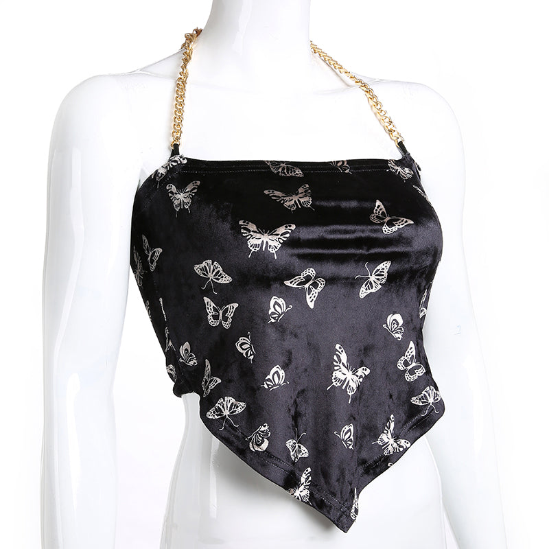 Cute Sexy Butterfly Chain Velvet Halter Tank Cami Crop Top Shirt Tee T-shirt E-Girl Kawaii Korean Japanese Harajuku Chinese Retro Streetwear Aesthetic