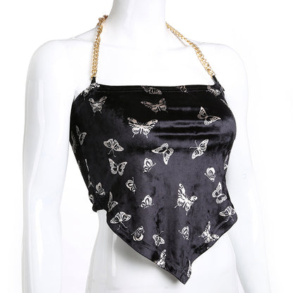Cute Sexy Butterfly Chain Velvet Halter Tank Cami Crop Top Shirt Tee T-shirt E-Girl Kawaii Korean Japanese Harajuku Chinese Retro Streetwear Aesthetic