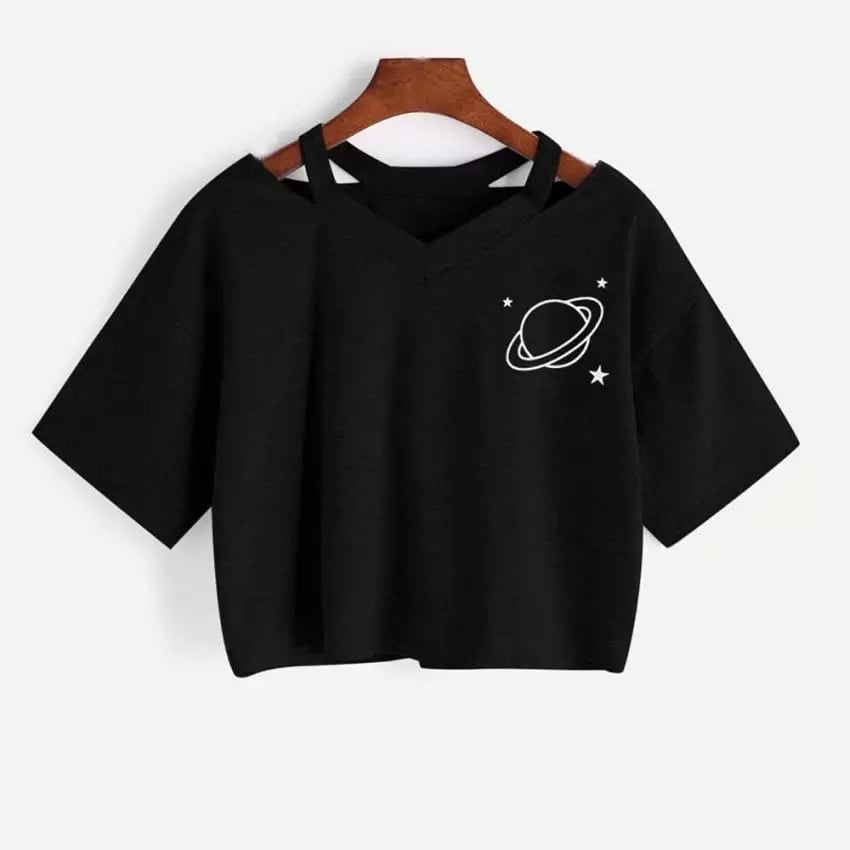 Black Planet Star Print Casual Summer Crop Top Short Sleeve Tee Shirt T-shirt Top E-Girl Kawaii Korean Japanese Harajuku Streetwear